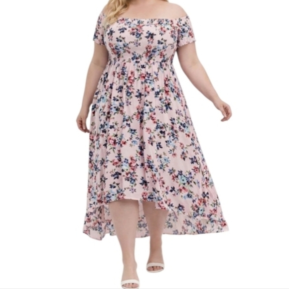 Torrid Floral Smocked Gauzy High Low Dress 2X Easter Spring Summer Pink Floral - Picture 15 of 15